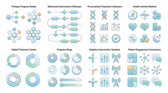 Vector icons collection for medical therapy, data tracking, and patient engagement indicators
