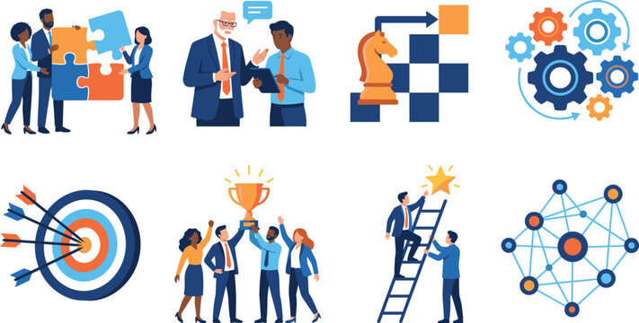 Business Teamwork and Corporate Leadership Vector Set with Strategic Management and Success Concepts