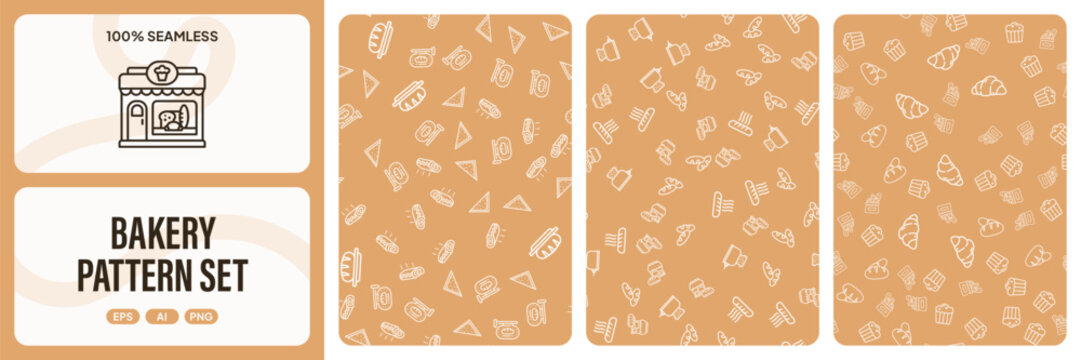 Bakery pattern set with seamless background featuring various bread, pastry, and shop icons in a cute handdrawn line art style