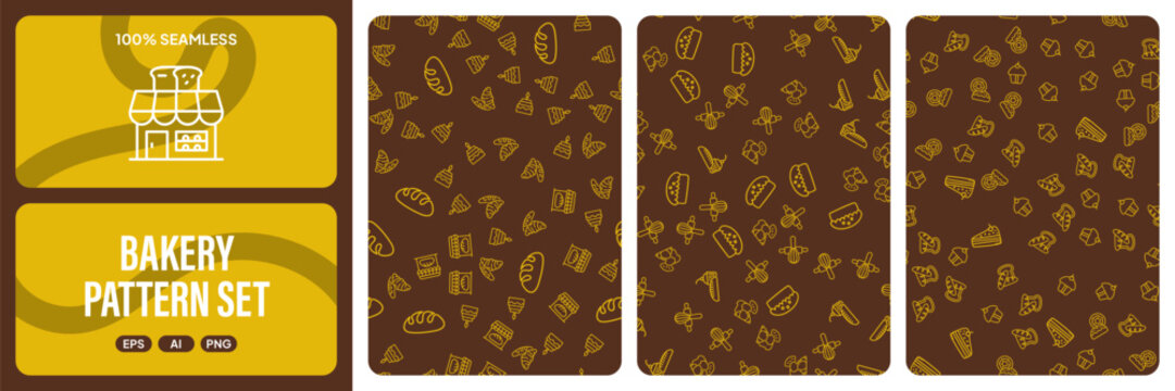 Bakery pattern set with seamless background featuring various bread, cake, and pastry icons in a minimalist line art style