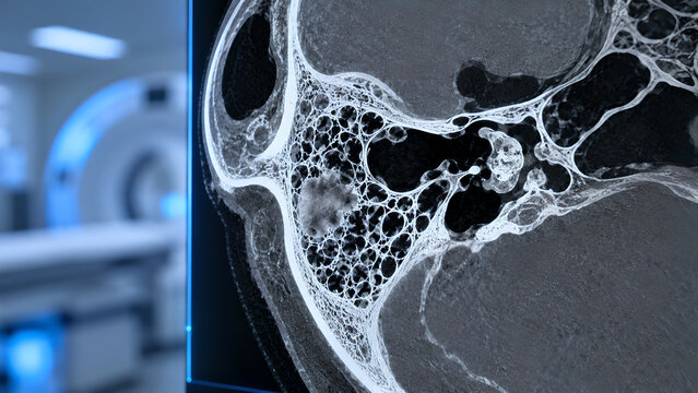Early-stage mastoiditis radiology concept showing mastoid bone inflammation and partial opacification of temporal bone air cells, photorealistic imaging for healthcare, medical and patient education