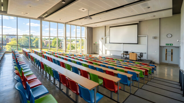 Empty university lecture hall photo featuring tiered wooden desks, colourful chairs, and large projection screen in modern educational auditorium