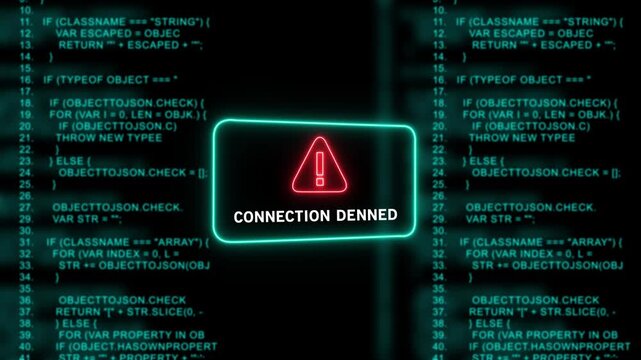 Cyber security alert featuring a glowing neon warning sign displaying connection denied text over a background, of scrolling computer, programming code and, digital software development, logic syntax