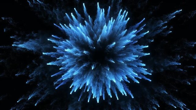 Abstract Blue Explosion of Light Particles on Black Background.
