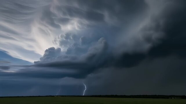 Dramatic Lightning Strike Illuminates Approaching Supercell Thunderstorm Over Plains.