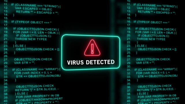 Cyber security alert warning featuring a glowing red virus detected notification overlaying scrolling digital programming source code on a dark background, for advanced network, protection concepts