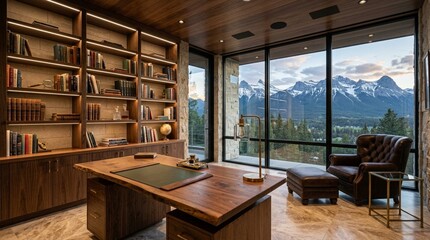 Obraz premium Luxury Home Office with Mountain View | Study, Bookshelf, Desk, Armchair