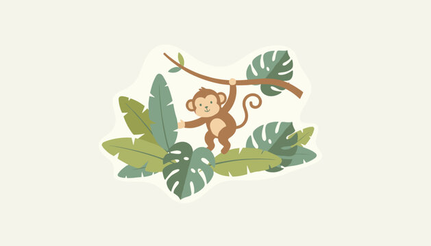 Adorable cartoon monkey hanging on a jungle vine branch surrounded by green tropical monstera and palm leaves.