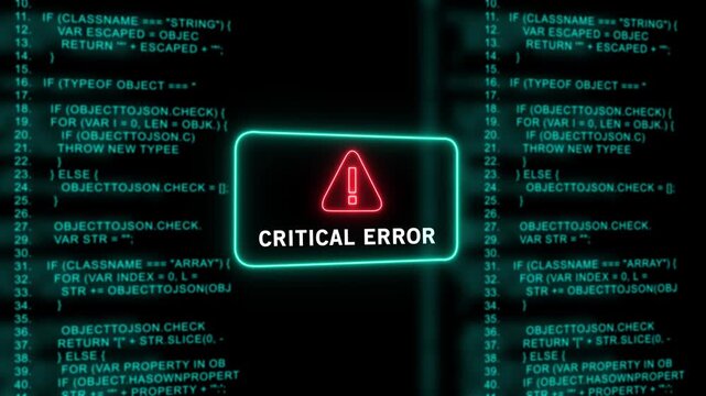 Critical error warning sign flashing over abstract digital computer programming code background, for cybersecurity data, breach, system failure, software development debugging, and tech network