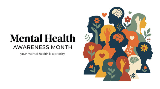 Colorful illustration for world mental health day background vector featuring diverse human profiles and abstract brain concepts for awareness campaigns