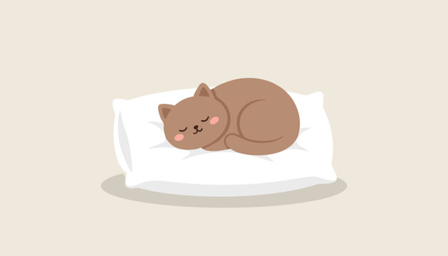 Adorable brown cat sleeping peacefully curled up on a cozy white fluffy pillow in minimalist cartoon vector style.