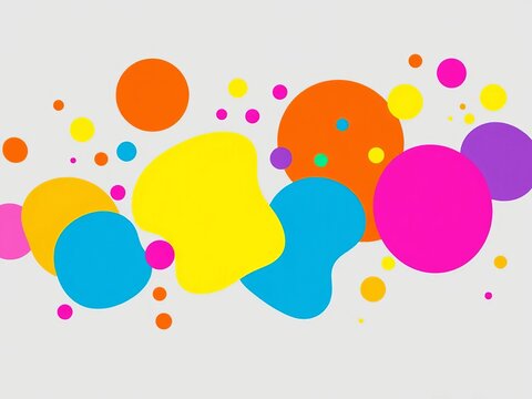Whimsical abstract shapes dance across a bright primary color background in this retro-inspired print, fun, futuristic