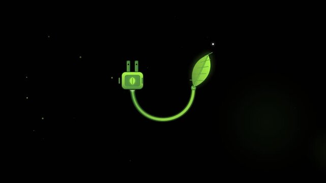 Green energy electrical power plug connected to eco leaf stem with glowing electricity pulse moving along cable in 2D motion graphic loop on black background