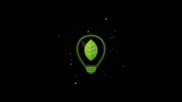 Glowing green energy leaf light bulb icon with pulsing illuminated particle animation in a seamless loop on black background digital 2D neon motion graphics