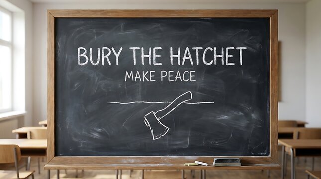 Bury the hatchet written on a classroom chalkboard with an illustration of an axe in the ground