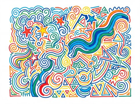 Colorful hand drawn abstract doodle pattern with stars and swirls