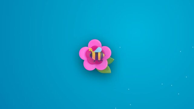 Cute cartoon bee pollinating a pink flower on a bright blue background in a minimalist 3D animation style featuring vibrant pastel colors and playful motion design elements for kids and nature