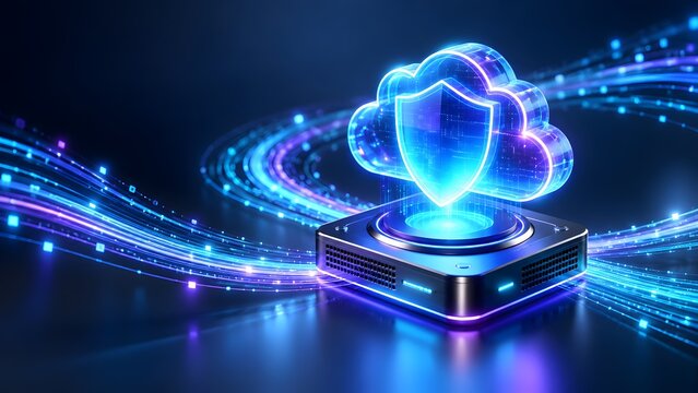 Glowing blue holographic cloud and shield over a metallic server base. Concept of cyber security, cloud computing and digital data privacy.