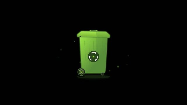 Green energy eco recycling bin opening lid with sparkling ambient particles in seamless loop motion against dark black background in clean 2D vector style