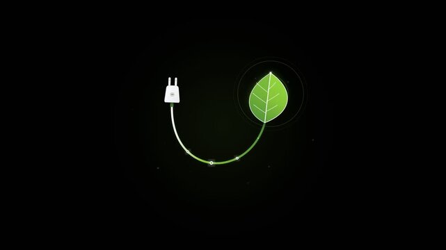Glowing green energy leaf connected to electric plug with flowing light particles along curved cord on dark black background in minimal 2D motion graphic animation loop