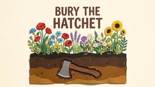 Bury the hatchet idiom conceptual paper art illustration with a hidden axe underground beneath colorful flowers