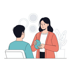 Fototapeta premium Therapy session: Psychologist explains a concept using an object to a patient, vector illustration with simple lines and flat colors.