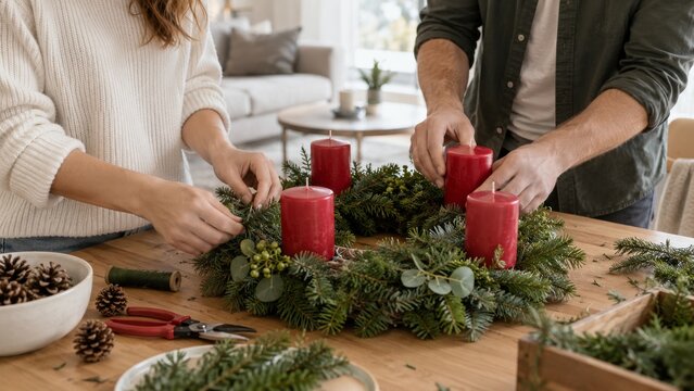 Actividades navide&ntilde;as en casa con la decoraci&oacute;n de una corona y cuatro velas rojas