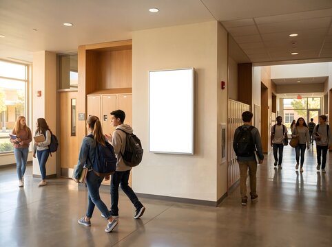 Group of students walking through a modern school hallway with a blank white advertisement board.