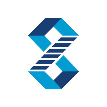 An abstract, modern logo design featuring a stylized 'S' or '8' shape, composed of interlocking geometric elements in shades of blue with parallel lines, set against a white background.