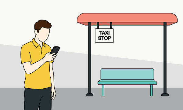 Man in yellow polo shirt standing at a taxi stop shelter using smartphone to order a cab. Flat illustration showing ride hailing app, urban transportation and travel concepts.