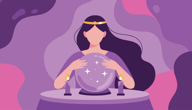 Mystical female fortune teller looking into glowing magic crystal ball on purple abstract esoteric background.