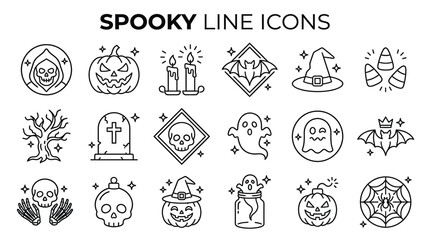 Fototapeta premium Spooky Halloween line icon collection, monochrome skull pumpkin ghost bat and witch hat symbols for festive seasonal graphic design projects