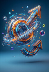 Fototapeta premium Growth and financial success, abstract business development and market expansion with glowing digital arrows and orbiting spheres on blue background
