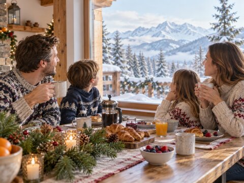 Reuni&oacute;n familiar en Navidad con vista a las monta&ntilde;as