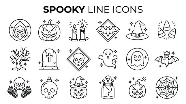 Spooky Halloween line icon collection, monochrome skull pumpkin ghost bat and witch hat symbols for festive seasonal graphic design projects