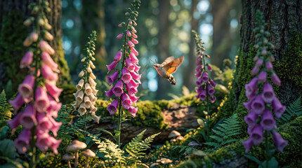 Fototapeta premium Hummingbird Hovering Among Colorful Foxglove Flowers in Forest