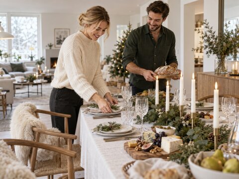 En una celebraci&oacute;n navide&ntilde;a, una pareja prepara la mesa para la cena en su hogar rodeado de decoraciones festivas y luces