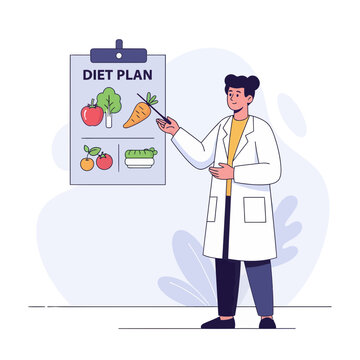 Dietitian explains healthy eating plan with fruits and vegetables illustration
