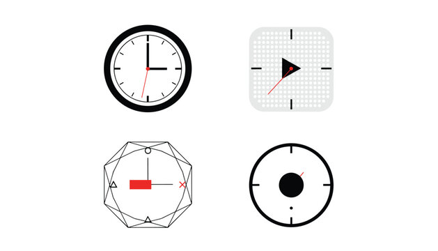 Conceptual vector design of various stylized clocks showing abstract time representations and creative graphic layouts.