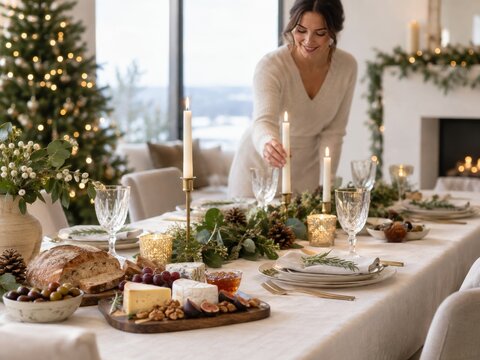 Celebraciones de Navidad en una mesa decorada con comida y velas en un ambiente acogedor