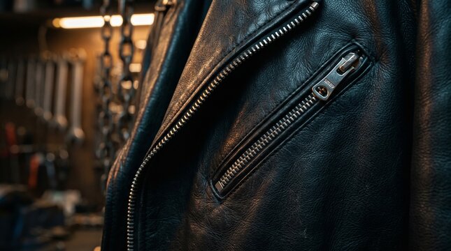 Close-up of black leather jacket with zippers in workshop setting