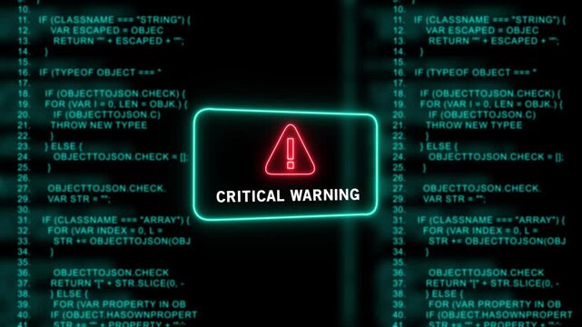 Cyber security critical warning alert sign displayed over scrolling digital programming code background, for advanced network, protection, software development, error, system failure, and data breach