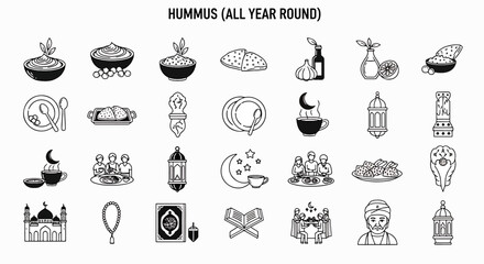 Obraz premium Hummus and Middle Eastern Food Icons Vector Set for Ramadan and Islamic Culture Celebrations