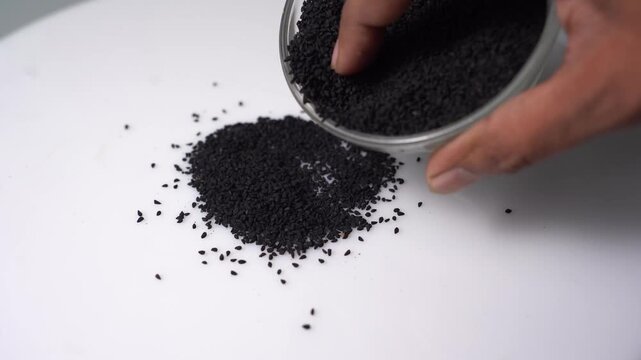 Person pour black seed Nigella sativa herb spice from glass bowl onto white surface for health remedy nutrition food ingredient preparation