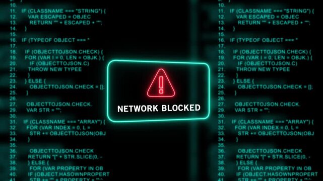 Cybersecurity alert network blocked warning sign displayed over scrolling computer programming source code background, for digital data, protection, internet security, breach, and software development