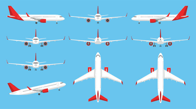 Aviation travel themed element pack, modern flat style, commercial airliners, jets, flight, transportation, and runways