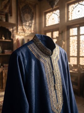 Blue embroidered traditional Arabic Jubba in ornate room with patterned win
