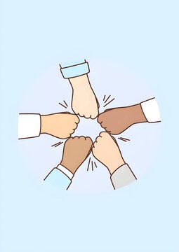 Diverse group of hands fist bump together in circle unity concept