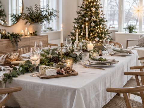 Decoraci&oacute;n de la mesa navide&ntilde;a en un ambiente acogedor