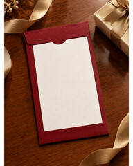Fototapeta premium Blank envelope sleeve mockup with gold ribbon on lacquered wood 